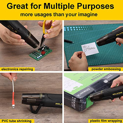 Mini Heat Gun, 450W 527~842°F Dual Temperature Small Heat Gun for Wrapping and Embossing Crafts, Handheld Heat Shrink Gun with Reflector Nozzle and Shrink Tubing for Wire Connectors, ROLAYSEE TOOLS