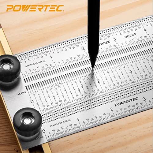 POWERTEC 6'' Precision Marking T-Square, T Rule w/Pencil for Measuring, Scribing, Setting Up Bits Height, Stainless Steel Woodworking & Crafting - WoodArtSupply