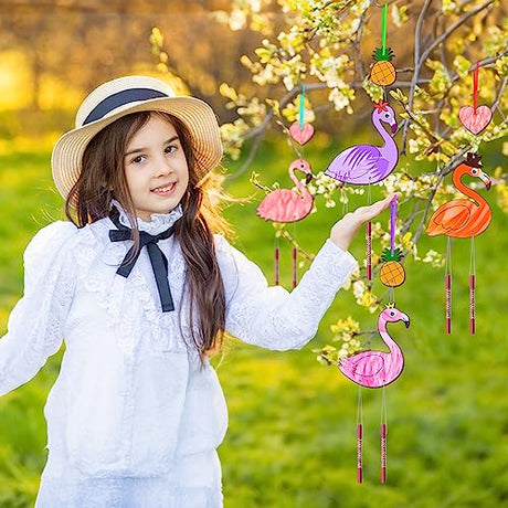 16 Pack Wind Chime Kits for Kids, Make Your Own Summer Flamingos Wind Chime DIY Coloring Heart Flower Pineapple Wooden Arts and Crafts Birthday Gifts TREACLUB