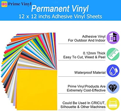 Prime Vinyl Permanent Vinyl for Cricut - 60 Pack 12" x 12", Self Adhesive Vinyl Sheets Bundle and Include 10 Transfer Tape for Home Decor, Window, - WoodArtSupply