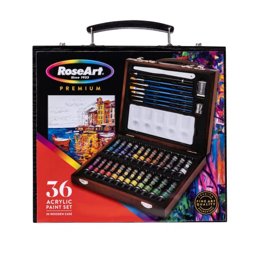 RoseArt Premium 36ct Acrylic Paint Set in Wooden Case -Complete Acrylic Artist Set for Canvas, Wood, Ceramic and Fabrics – Painting Supplies for - WoodArtSupply