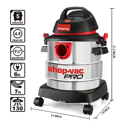 Shop-Vac 5 Gallon 4.5 Peak HP Wet/Dry Vacuum, Stainless Steel Tank, Portable Shop Vacuum with Attachments for Jobsite, Garage & Workshop. 5989300 Shop-Vac