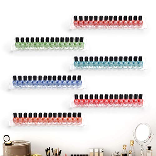 BTremary Acrylic Nail Polish Wall Mounted Holder Organizer Storage Rack Clear 6 Pack Hanging Nail Polish Shelf Floating Wall Mount Hold up to 96