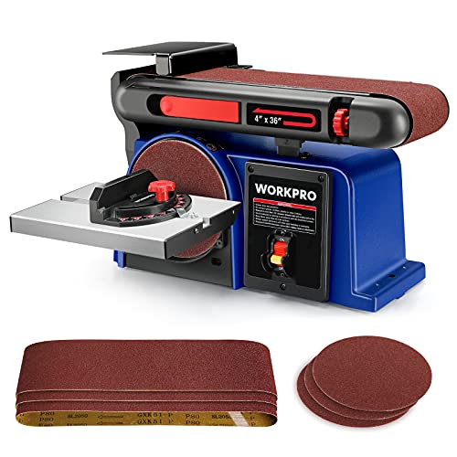 WORKPRO Belt Disc Sander, 4 in. x 36 in. Belt & 6 in. Disc Sander with 6pcs Sandpapers, Cast Iron Base for Sanding Woodworking, DIY Decoration WORKPRO