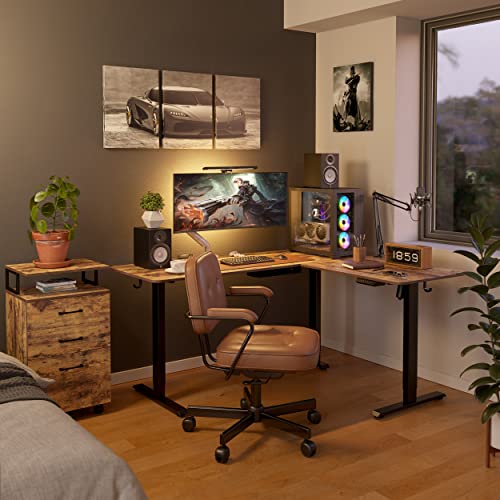 FEZIBO L Shaped Standing Desk Adjustable Height, 63 Inch Electric Stand up Corner Computer Desk, Sit Stand Home Office Desk with Splice Board, Rustic FEZIBO