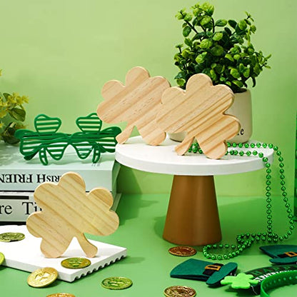 Whaline 8Pcs St. Patrick's Day Wooden Cutouts Unfinished Shamrock Shaped Table Signs Blank Shamrock Pine Wood Slice DIY Shamrock Tiered Tray Decor