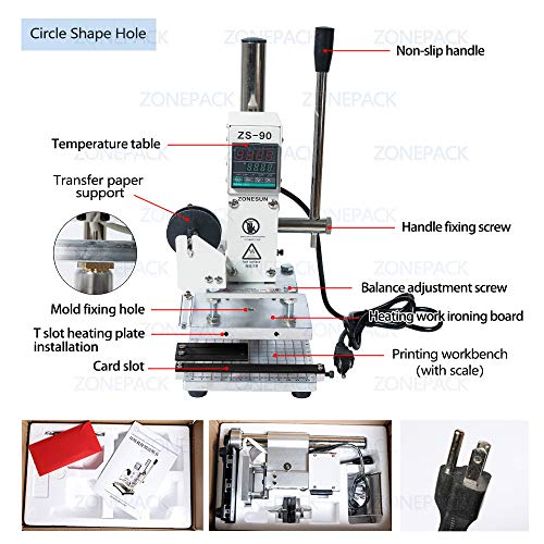 ZONEPACK 10x13cm Digital Embossing Machine Hot Foil Stamping Machine Manual Tipper Stamper for PVC Leather PU Paper with Paper Holder and Scale ZONEPACK