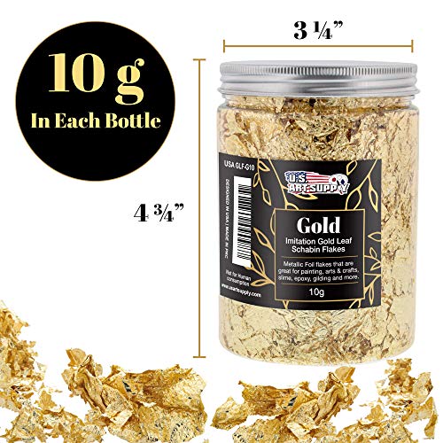 U.S. Art Supply Metallic Foil Schabin Gilding Gold Leaf Flakes - Imitation Gold in 10 Gram Bottle (Pack of 3) - Gild Picture Frames, Paintings, - WoodArtSupply