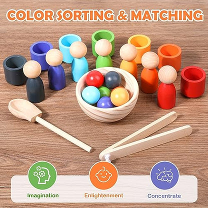 Montessori Balls in Cups Wooden Peg Dolls in Cups, Toddler Color Sorting Toys and Matching Game, Preschool Learning Activities Educational Fine Motor