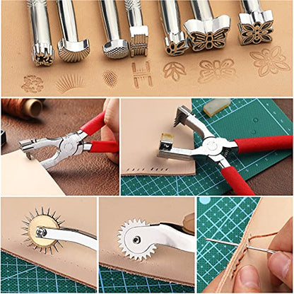273 Pieces Leather Working Tools and Supplies with Leather Tool Box Cutting Mat Hammer Stamping Tools Needles Snaps and Rivets Kit Perfect for