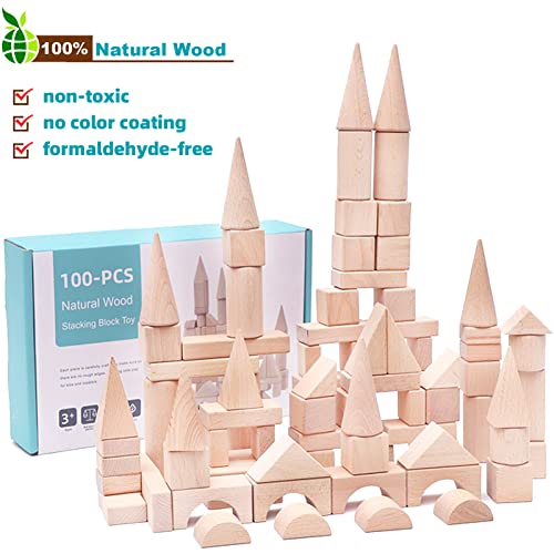 Timfuis Toddler Wooden Building Block Toys, 100 PCS Kids Natural Wood Stacking Blocks Set Standard Unit, Preschool Kindergarten Montessori Toy, Timfuis