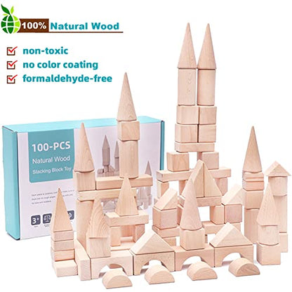 Timfuis Toddler Wooden Building Block Toys, 100 PCS Kids Natural Wood Stacking Blocks Set Standard Unit, Preschool Kindergarten Montessori Toy,