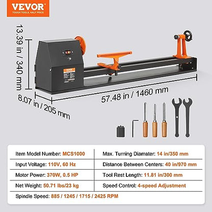 VEVOR Benchtop Wood Lathe, 14 in x 40 in, 0.5 HP 370W Power Wood Turning Lathe Machine, 4 Speed Adjustable 885/1245/1715/2425 RPM with Chisels