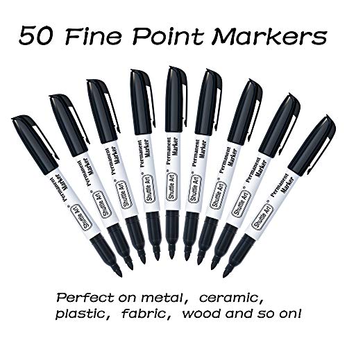 Shuttle Art Permanent Markers, 50 Pack Black Permanent Marker set,Fine Point, Works on Plastic,Wood,Stone,Metal and Glass for Doodling, Marking Shuttle Art