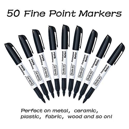 Shuttle Art Permanent Markers, 50 Pack Black Permanent Marker set,Fine Point, Works on Plastic,Wood,Stone,Metal and Glass for Doodling, Marking - WoodArtSupply