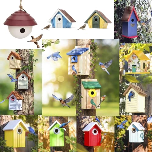 2Pk Large Heavy Duty Bluebird Houses - 0.9" Thickness Solid Cedar Wood Bird House - Lifetime Lasting Weatherablity UV Color Painting - Garden