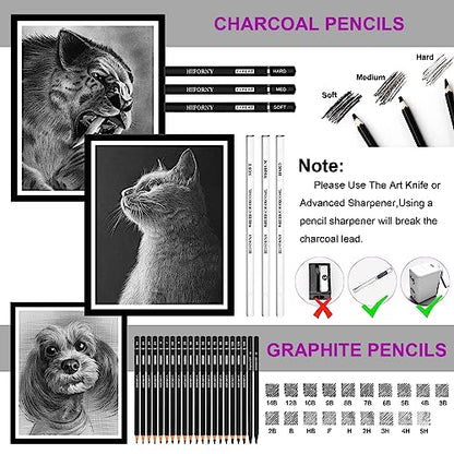 HIFORNY 60 Pcs Drawing Kit Sketching Pencil Set,Sketch Pencils Art Supplies with 3-Color Sketchbook,Graphite,Charcoal,Drawing Pencils for Adults - WoodArtSupply