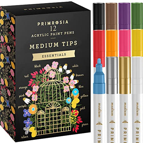 Primrosia 12 Essentials Acrylic Paint Pens Medium Tip Markers Set. Art supplies for DIY Craft, Drawing, Ceramics, Coloring, Rock Painting, Primrosia