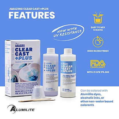 Alumilite Amazing Clear Cast Plus [8 oz A + 8 oz B (16 Ounces) 2 Part Kit] UV Resistant Plastic Coating & Casting Epoxy Resin for Countertops, Cups, - WoodArtSupply