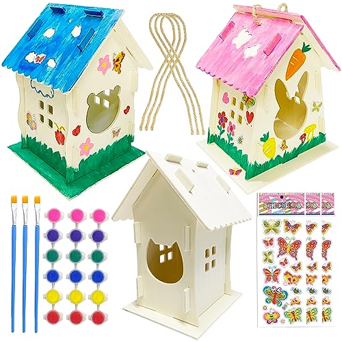 3 Pack Fun Animal DIY Birdhouse Kit for Kids to Build and Paint, Include 3 Unfinished Wooden Bird House, Paint Strips & Brush, Stickers for Girls
