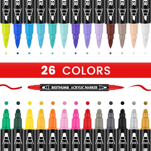 BIGTHUMB 26 Colors Acrylic Paint Pens, Dual Tip Acrylic Paint Markers with Brush Tip and Dot Tip, Paint Markers for Painting Rock, Wood, Canvas - WoodArtSupply