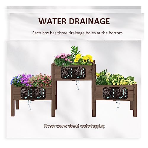 Outsunny Raised Garden Bed with 3 Planter Box, Elevated Wooden Plant Stand with Drainage Holes, for Vegetables, Herb and Flowers, Coffee