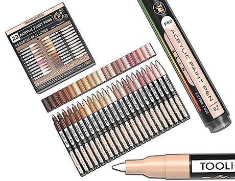 Acrylic Paint Pens 22 Assorted Pro Color Series Markers Set 0.7mm Extra Fine Tip for Rock Painting, Glass, Mugs, Wood, Metal, Canvas, DIY Projects, TOOLI-ART