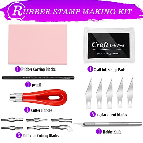 WAYCOM Rubber Stamp Making Kit,Rubber Carving Block Linoleum Cutter Set Rubber Stamp Carving Block Craft Ink Pad Hobby Knife Pencil for DIY Stamp WAYCOM