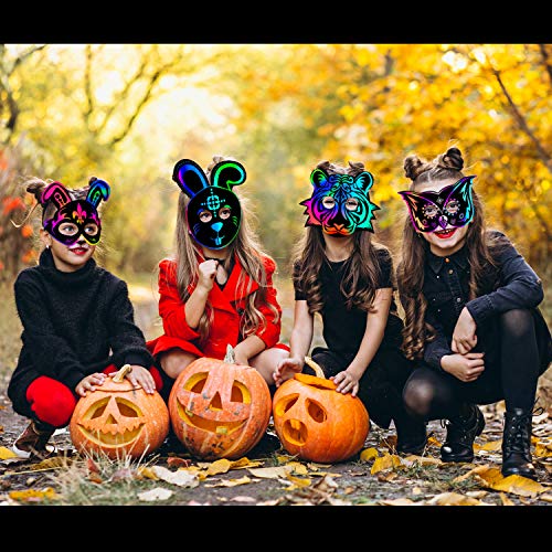 KXCOFTXI Halloween Mask Craft Kit for Kids, 52 Pcs Kids Magic Scratch Paper Animal Masks, DIY Rainbow Scratch Art Masks for Halloween and Animal KXCOFTXI