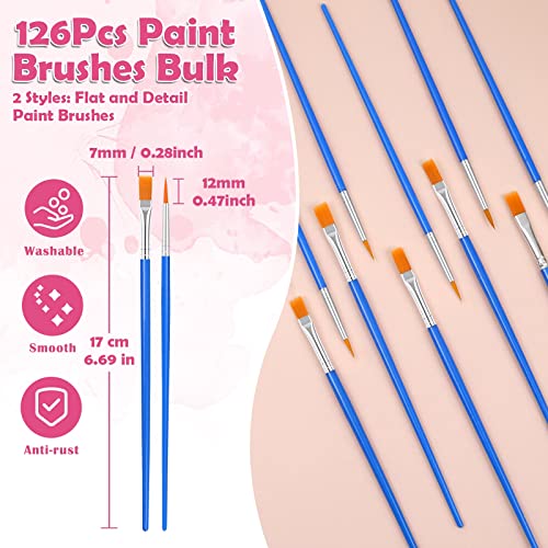 126 Pcs Small Paint Brushes Bulk, Kids Paint Brushes with Flat and Round Pointed Paint Brushes Set, Craft Brushes for Classroom Acrylic Oil Evatage