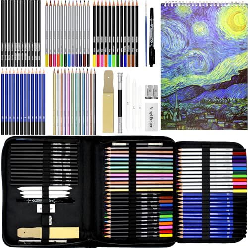 71 Pcs Sketch Book Set, Pencils Drawing Kit for Sketching, Professional Art Supplies with 50 Sheets A4 Sketch Book, Graphite, Charcoal, Watercolor,