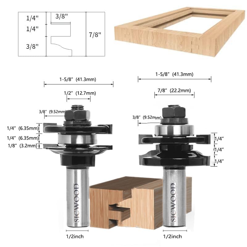 SICWOOD 3pcs Cabinet Door Router Bits Set 1/2 Inch Shank, with Updated C3 Carbide Raised Panel Cabinet Door Making Router Bits, Router Door & Window SICWOOD