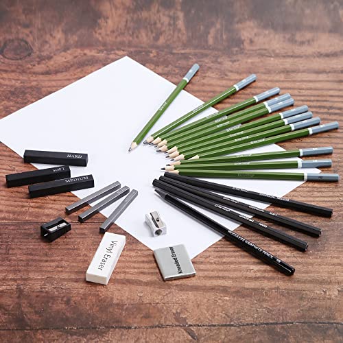 Drawing Pencils Set - Drawing Supplies Kit with Sketch Pencils for drawing (Graphite Art Pencils), Charcoal Pencils, Kneaded Eraser, Pencil sharpener - WoodArtSupply