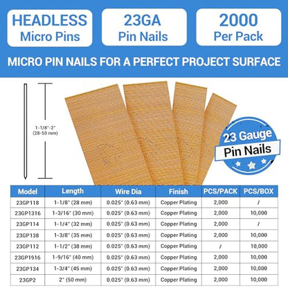 meite 23 Gauge Pin Nails, 1-9/16-Inch Micro Headless Pins for Pin Nailer - Copper Plated Pins Nails for Nail Gun, Ideal for Fine Woodworking and Trim - WoodArtSupply