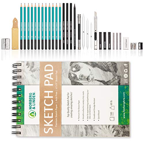 Norberg & Linden XL Drawing Set - Sketching, Graphite and Charcoal Pencils. Includes 100 Page Drawing Pad, Kneaded Eraser, Blending Stump. Art Kit Norberg & Linden