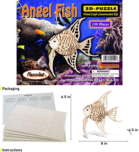 Puzzled 3D Puzzle Angel Fish Wood Craft Construction Model Kit, Fun Unique & Educational DIY Wooden Toy Assemble Model Unfinished Crafting Hobby Puzzled