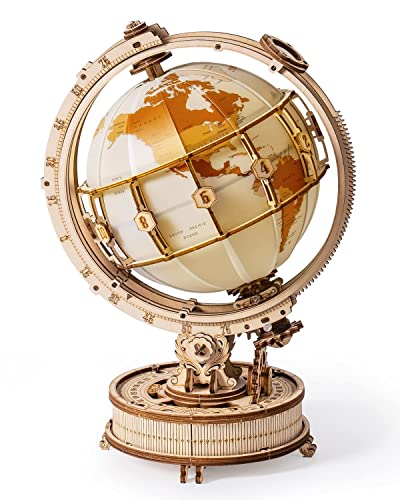 ROBOTIME Illuminated 3D Wooden Puzzle Globe with LED Light - Unique Desk Decor and Gift for Adults - WoodArtSupply