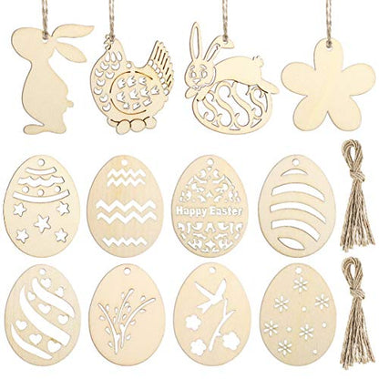 Toyvian 48pcs DIY Easter Wood Slices Egg Hanging Ornaments Unfinished Bunny Eggs Easter Crafts to Paint for Kids Easter Decorations Party Supplies