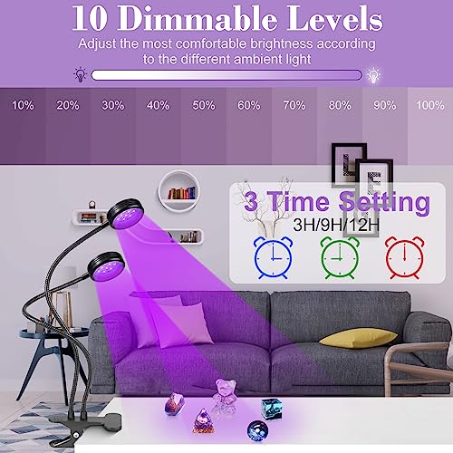 LEDLampsWorld USB UV Black Light Dual Head, 10W 395nm-405nm LED UV Lamp with Clamp, Gooseneck UV Light for Resin Curing, Blacklight Poster, LEDLampsWorld