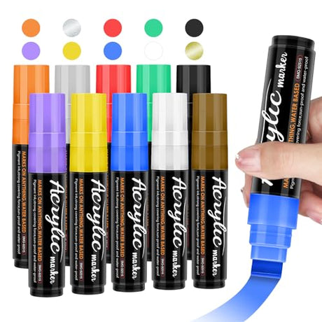 Acrylic Paint Markers, 10 Jumbo Colored Markers, 15mm Jumbo Felt Tip, Waterproof and Permanent Ink Paint Pens for Rock Painting, Stone, Ceramic, Jesew