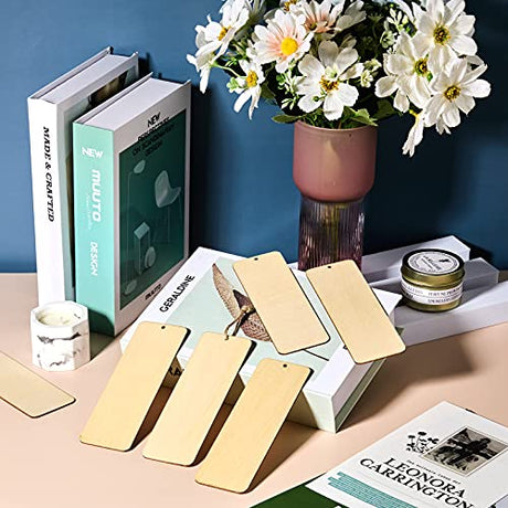 Wood Blank Bookmarks DIY Wooden Craft Bookmark Unfinished Wood Hanging Tags Rectangle Shape Blank Bookmark Ornaments with Holes and Ropes for Zonon