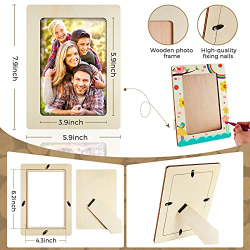 Picture Frame Painting Craft Kit 7.9"x5.9" Wooden DIY Photo Frame with 12 Pcs Painting Color Pen 4 Sheets Crystal Diamond Stickers for DIY Painting