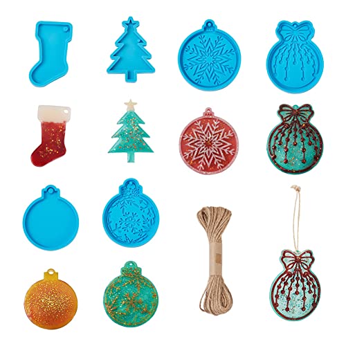 Boutigem 6Pcs Christmas Theme Pendant Silicone Molds Xmas Socks Ring Bell Epoxy Resin Mould with Jute Cord for Keychain Christmas Tree Ornaments DIY Boutigem