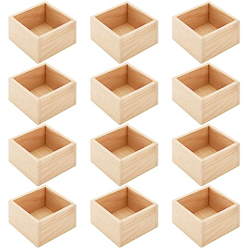 Frcctre 12 Pack Unfinished Small Wooden Box, 4" x 4" Square Wooden Box Craft Storage Organizer Box for Art Collectibles, Home Decor, Desktop Drawer