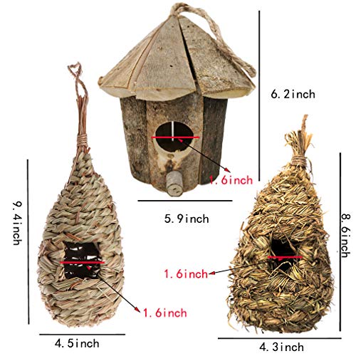 Hamiledyi Vintage Chickadee Bird House Nest Hummingbird House for Outside Small Grass Hanging Bird Nesting Natural Wooden Garden Birdhouse Box 3 Pack Hamiledyi