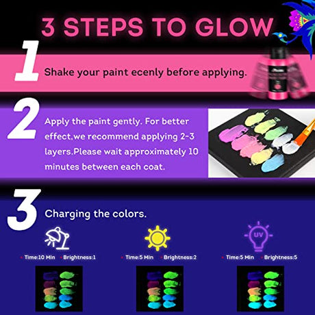 ABEIER Glow in the Dark Acrylic Paint, 10 Bright Colors (60ml/2oz) blacklight Paint, Neon Craft Paint, Long Lasting Glow Fluorescent Paint Ideal for ABEIER