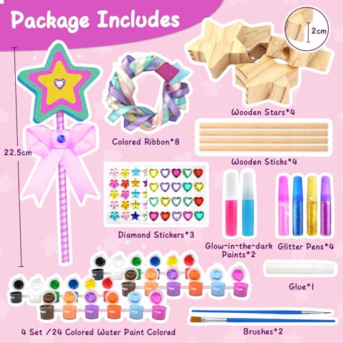 Ambesi Make Your Own Princess Wand Craft Kit, 4PCS Thick Wooden Fairy Wands with Gem Stickers & Ribbons, Art Kits for Toddler, Girls Painting Crafts - WoodArtSupply