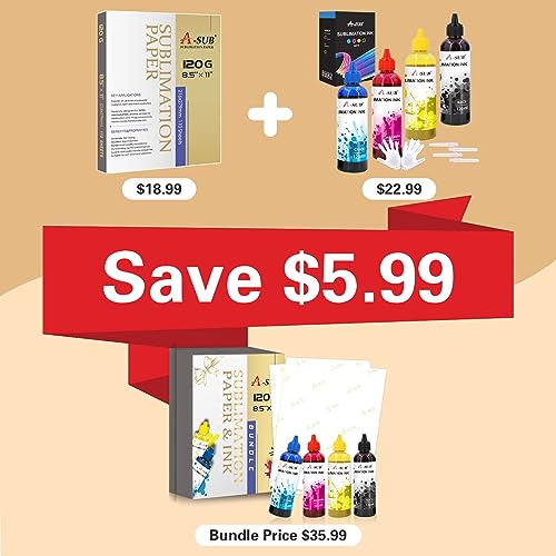 A-SUB Sublimation Starter Kit with Sublimation Paper and Sublimation Ink, 120g Sublimation Paper 8.5X11 Inch and 480ML CMYK Sublimation Ink Bundle A-SUB