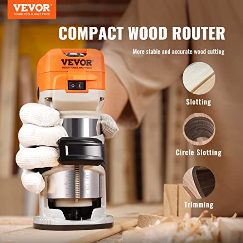 VEVOR Router Tool, 6.5 Amp 1.25HP Wood Router Compact Router with 1/4'' & 5/16'' Collets, 12 PCs Milling Cutters Dust Hood, 6 Variable Speeds, Edge