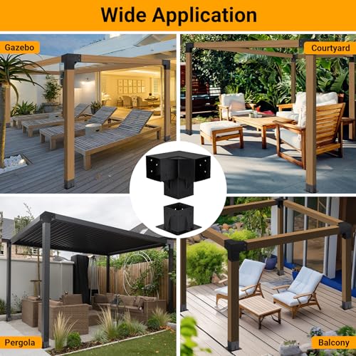 Neorexon Pergola Bracket Kit Elevated Wood Stand Kit Woodwork for 4 "x 4" (Actual 3.6 X 3.6 inch), Wooden Gazebo Kit for Outdoor 3 Way Right Angle - WoodArtSupply